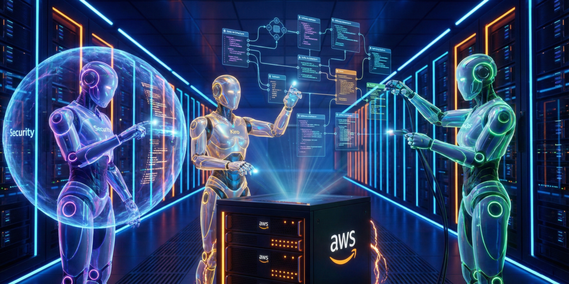 Futuristic illustration of AWS Frontier Agents Kiro, Security, and DevOps autonomously building code structures in a cloud data center, symbolizing the end of manual coding