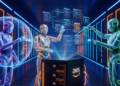 Futuristic illustration of AWS Frontier Agents Kiro, Security, and DevOps autonomously building code structures in a cloud data center, symbolizing the end of manual coding