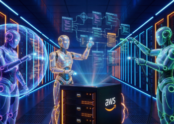 Futuristic illustration of AWS Frontier Agents Kiro, Security, and DevOps autonomously building code structures in a cloud data center, symbolizing the end of manual coding