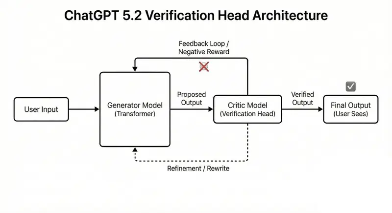 Technical diagram of ChatGPT 5.2 Verification Head architecture showing Generator and Critic model feedback loop