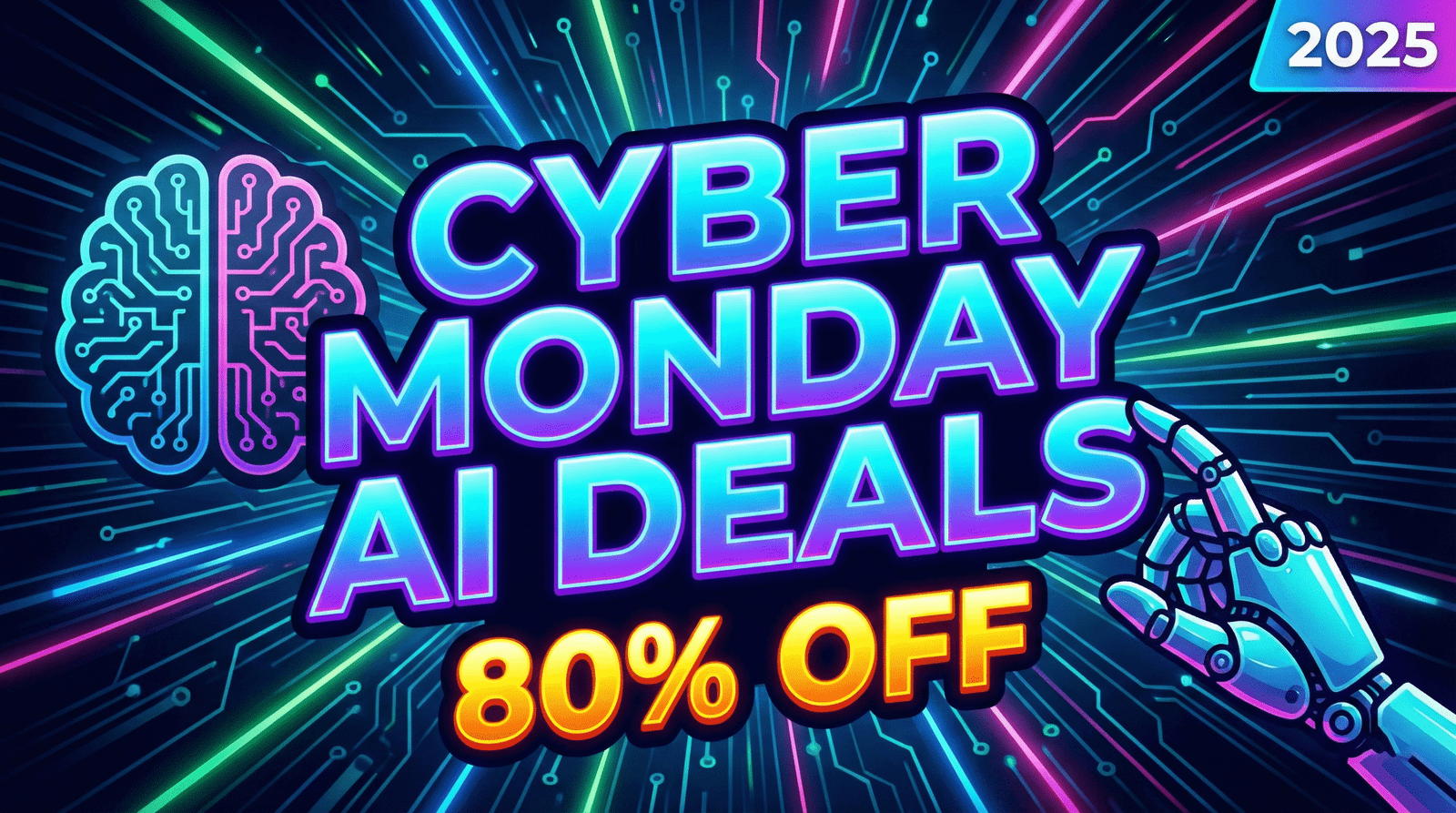 Futuristic Cyber Monday banner featuring glowing AI developer tools and 80% off discounts.