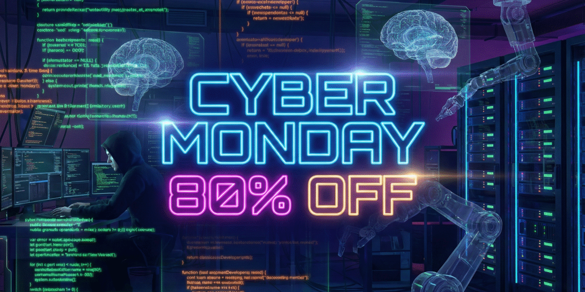 Futuristic Cyber Monday 2025 banner featuring glowing AI developer tools and 80% off software discounts.