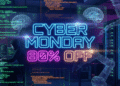 Futuristic Cyber Monday 2025 banner featuring glowing AI developer tools and 80% off software discounts.