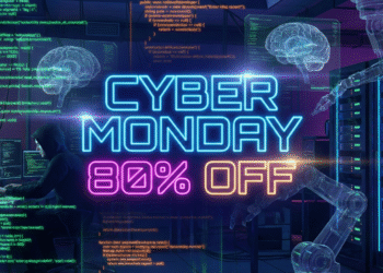 Futuristic Cyber Monday 2025 banner featuring glowing AI developer tools and 80% off software discounts.