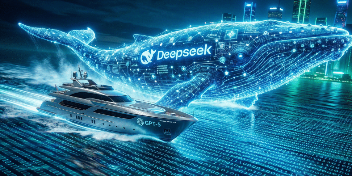 Futuristic illustration of a digital whale representing DeepSeek V3.2 overtaking a robotic ship labeled GPT-5, symbolizing open source AI beating proprietary models.