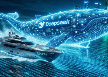 Futuristic illustration of a digital whale representing DeepSeek V3.2 overtaking a robotic ship labeled GPT-5, symbolizing open source AI beating proprietary models.