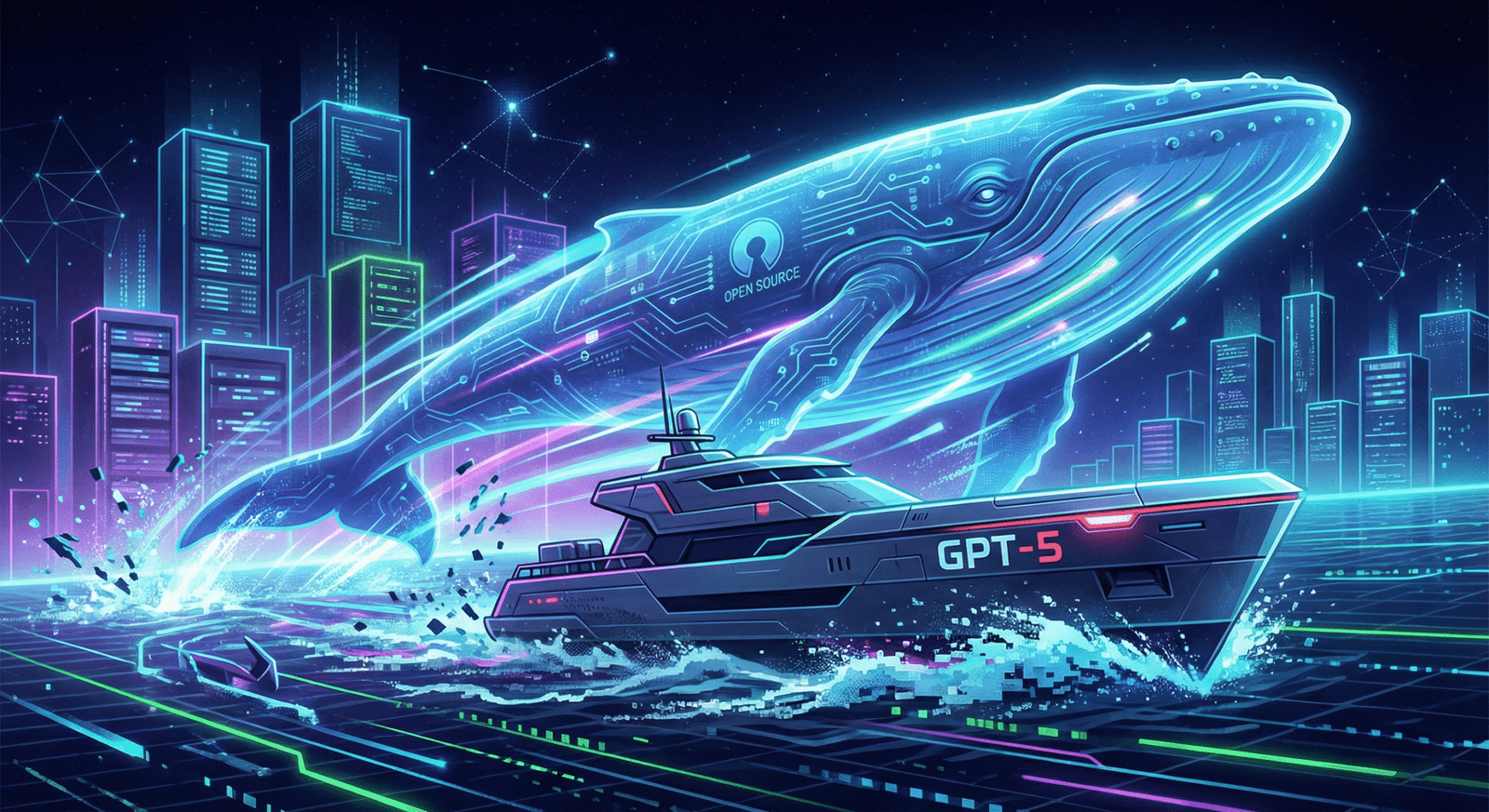 DeepSeek V3.2 whale logo overtaking a GPT-5 robotic ship, symbolizing the victory of open source AI.