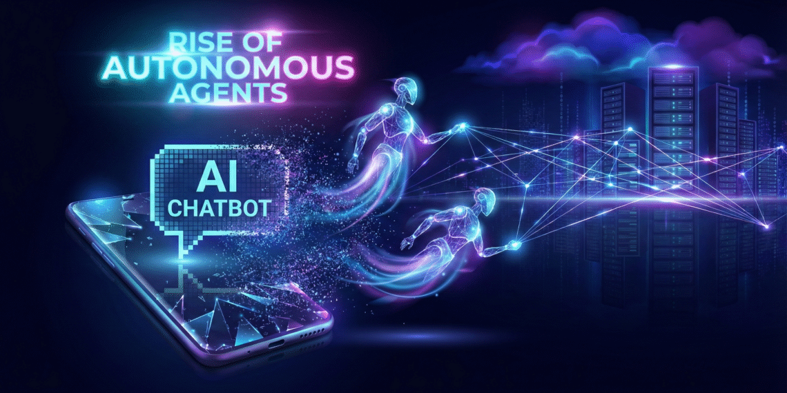 Futuristic illustration showing a chat interface dissolving into a network of autonomous AI agents, symbolizing the shift from chatbots to agentic AI in 2026.