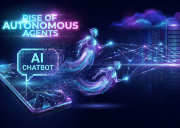 Futuristic illustration showing a chat interface dissolving into a network of autonomous AI agents, symbolizing the shift from chatbots to agentic AI in 2026.