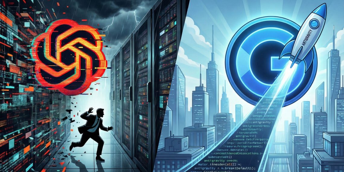 A split-screen illustration showing a man running in a dark, server room on the left with a glitching red logo, contrasted with a blue Google-style logo and a rocket labeled "ANTIGRAVITY" launching over a bright cityscape on the right, with code overlaying both sides