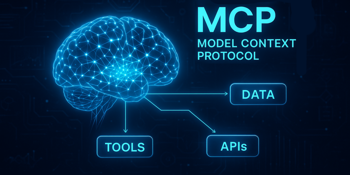 Model Context Protocol (MCP) diagram showing an AI neural network connecting to tools, APIs, and data sources