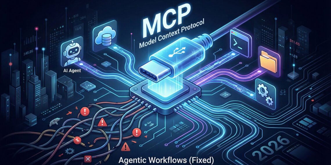 high-contrast featured image for a blog post titled 'What is MCP?', showing a glowing blue digital 'USB-C' style connector linking an AI brain to various database icons, representing the Model Context Protocol standard