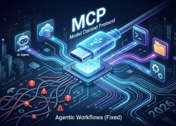 high-contrast featured image for a blog post titled 'What is MCP?', showing a glowing blue digital 'USB-C' style connector linking an AI brain to various database icons, representing the Model Context Protocol standard
