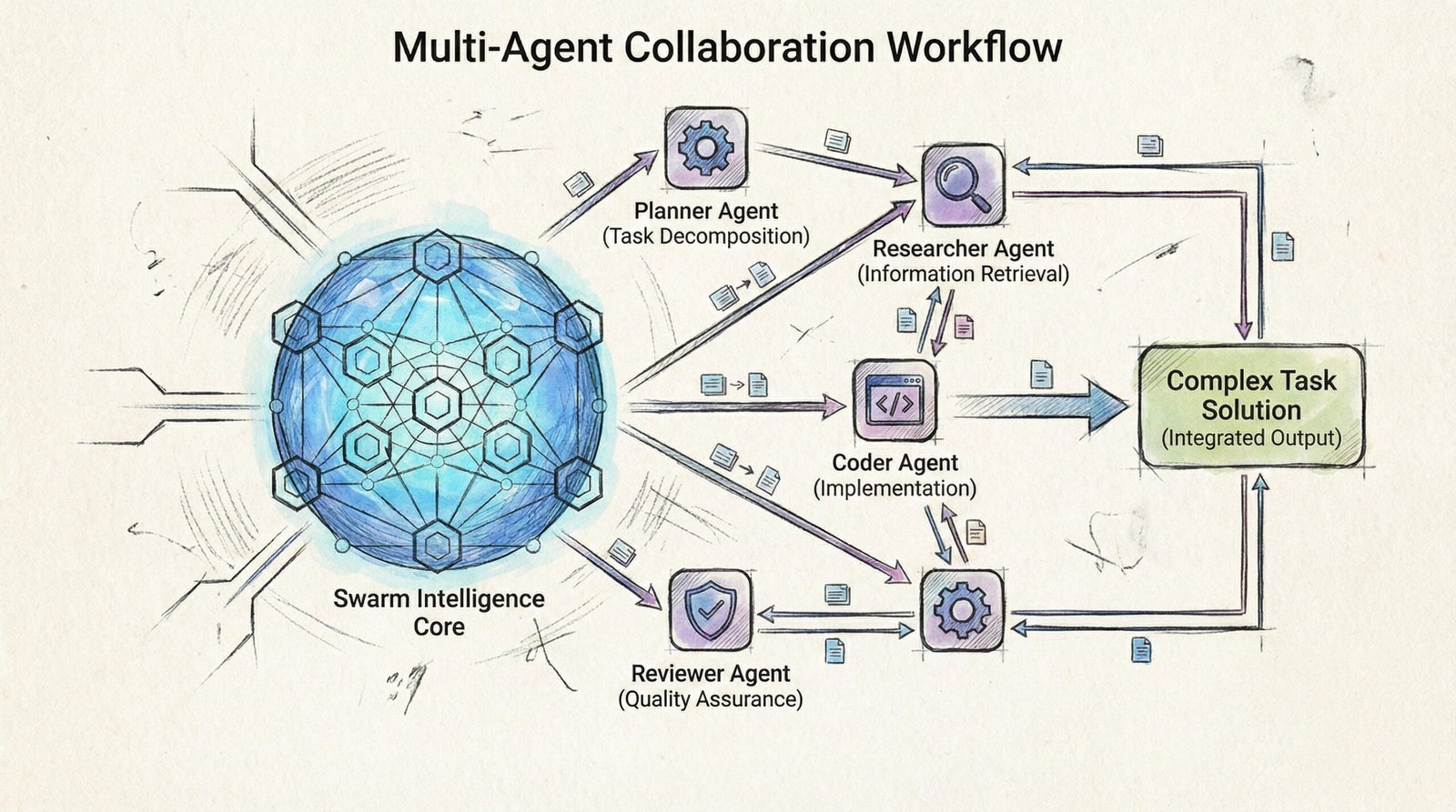 Multi-Agent Collaboration workflow showing specialized AI agents working together