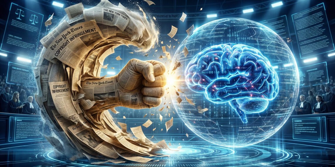 Futuristic illustration of a New York Times newspaper wave clashing with a Perplexity AI digital brain, symbolizing the copyright lawsuit threatening the future of AI search