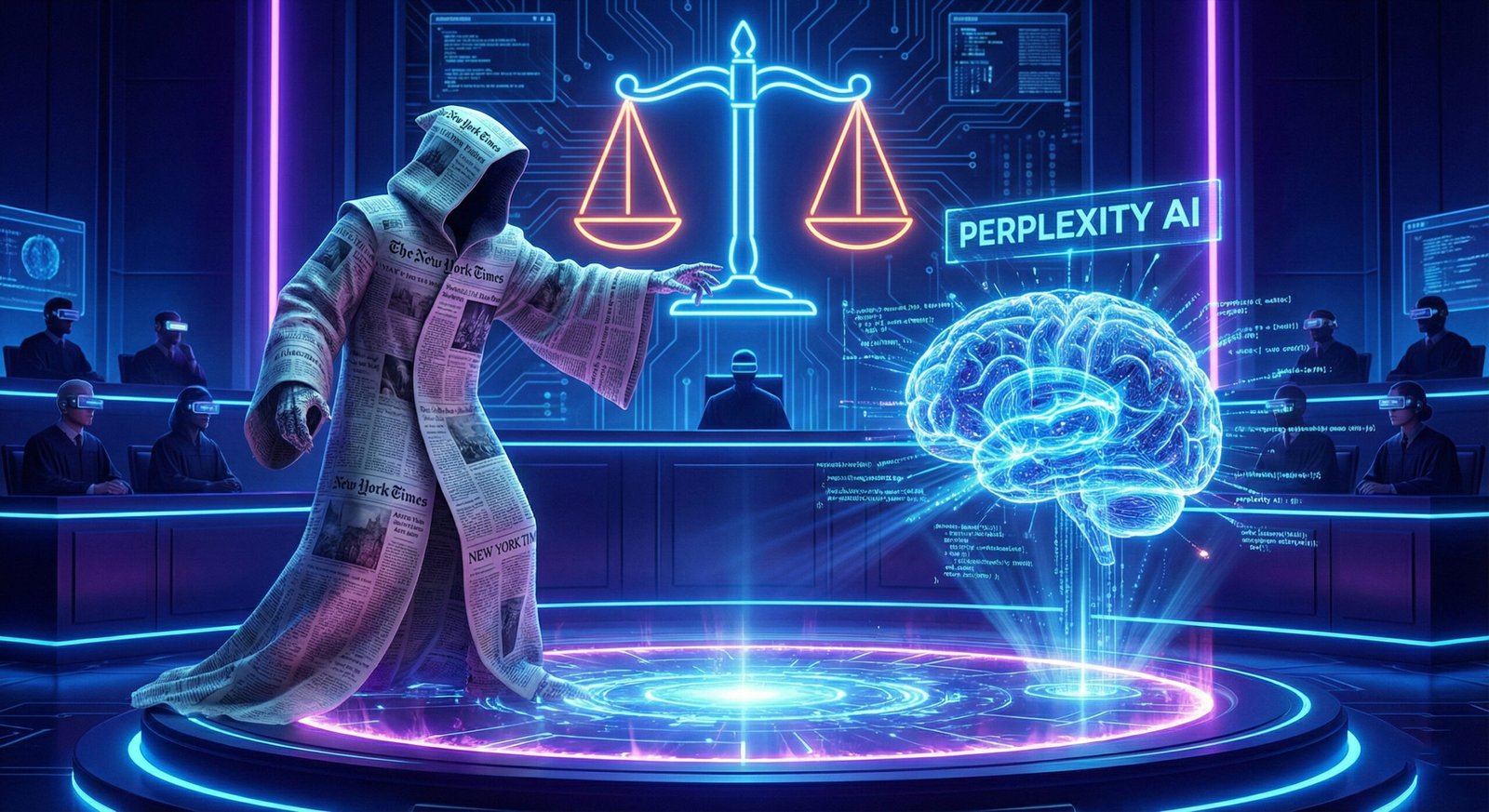 Futuristic courtroom battle illustration showing the New York Times newspaper fighting a glowing Perplexity AI brain, symbolizing the NYT sues Perplexity lawsuit.