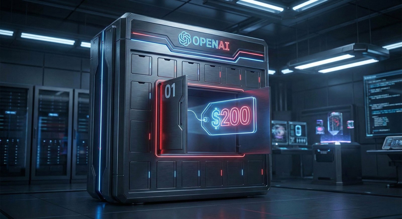 Futuristic OpenAI 12 Days of Shipmas advent calendar showing a controversial $200 price tag on Day 1.