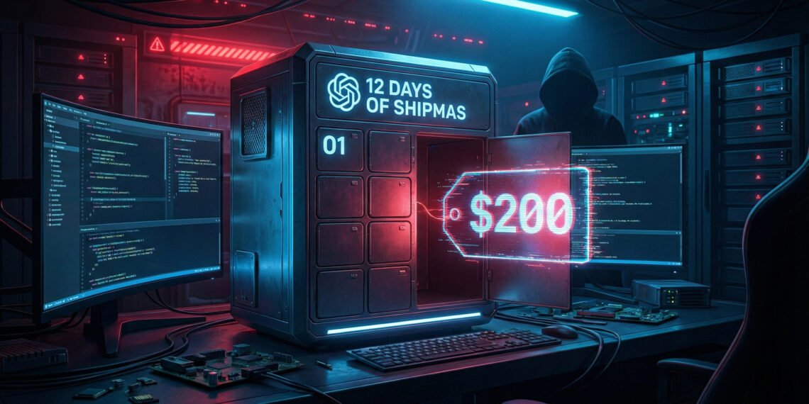 Futuristic OpenAI 12 Days of Shipmas advent calendar with Day 1 revealing a controversial $200 ChatGPT Pro price tag, symbolizing developer backlash
