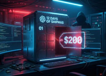 Futuristic OpenAI 12 Days of Shipmas advent calendar with Day 1 revealing a controversial $200 ChatGPT Pro price tag, symbolizing developer backlash