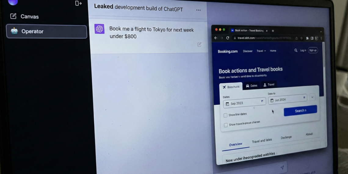 breaking news style concept image showing the leaked OpenAI 'Operator' interface taking over a web browser, with a 'Task in Progress' status bar and autonomous navigation controls