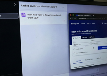 breaking news style concept image showing the leaked OpenAI 'Operator' interface taking over a web browser, with a 'Task in Progress' status bar and autonomous navigation controls