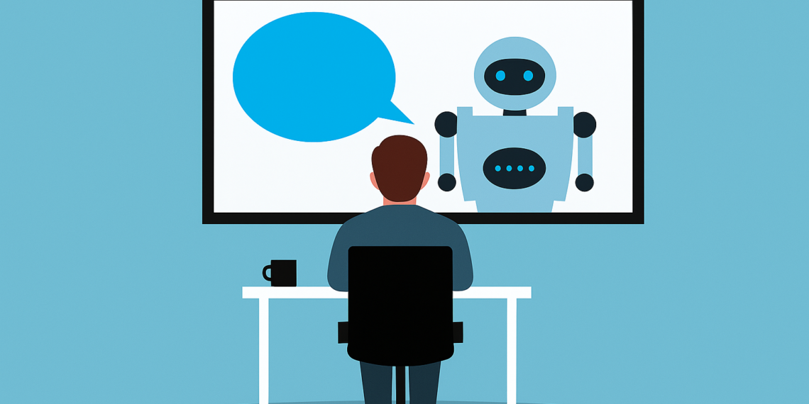 a man interacting with an AI agent on a screen, representing Perplexity AI Agents automating enterprise workflows.