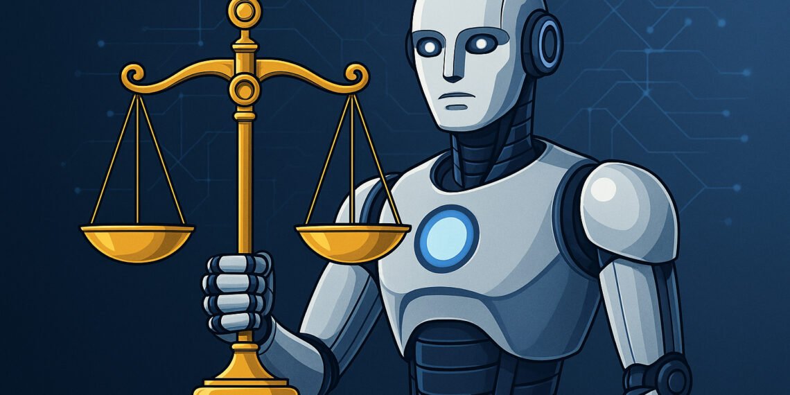 Illustration of an AI robot holding justice scales, symbolising the Perplexity AI lawsuit and legal challenges around AI copyright