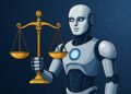 Illustration of an AI robot holding justice scales, symbolising the Perplexity AI lawsuit and legal challenges around AI copyright