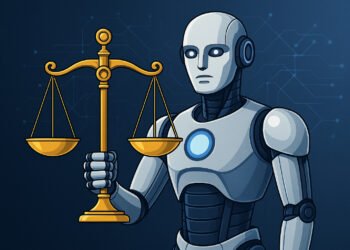 Illustration of an AI robot holding justice scales, symbolising the Perplexity AI lawsuit and legal challenges around AI copyright