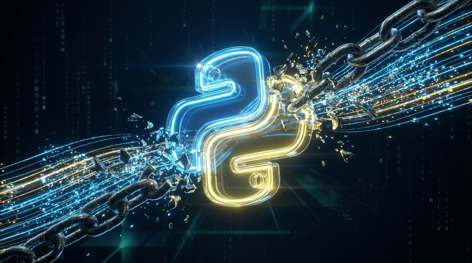Futuristic illustration of the Python logo breaking free from metal chains, symbolizing the removal of the Global Interpreter Lock (GIL) in Python 3.14.