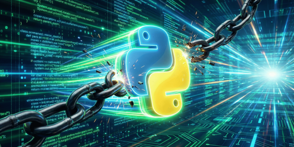 Futuristic illustration of the Python logo breaking free from chains, symbolizing the removal of the Global Interpreter Lock (GIL) in Python 3.14.