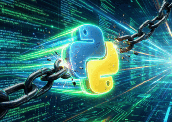 Futuristic illustration of the Python logo breaking free from chains, symbolizing the removal of the Global Interpreter Lock (GIL) in Python 3.14.