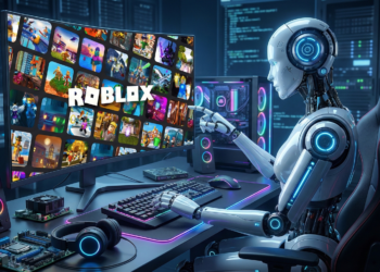 AI robot collaborating with a gamer on a futuristic Roblox 2026 workstation.