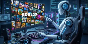 AI robot collaborating with a gamer on a futuristic Roblox 2026 workstation.