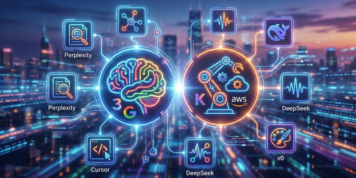 Futuristic illustration of glowing AI logos and digital tools representing Google Gemini 3 and AWS Kiro, symbolizing the top 10 AI tools for developers in 2026