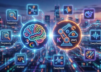 Futuristic illustration of glowing AI logos and digital tools representing Google Gemini 3 and AWS Kiro, symbolizing the top 10 AI tools for developers in 2026